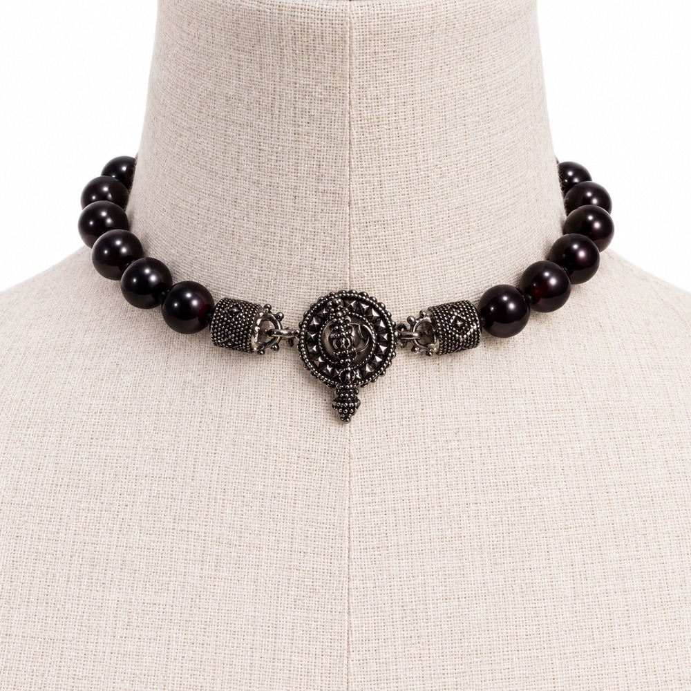 Vintage Faux Pearl Necklace Black Ornate Silver Tone Toggle Clasp Choker